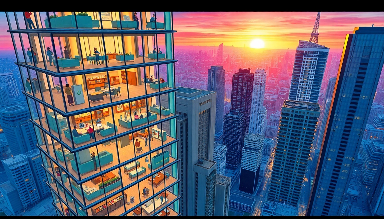 Explore dynamic scenes from the sim tower game featuring lively urban interactions and detailed skyscraper designs.