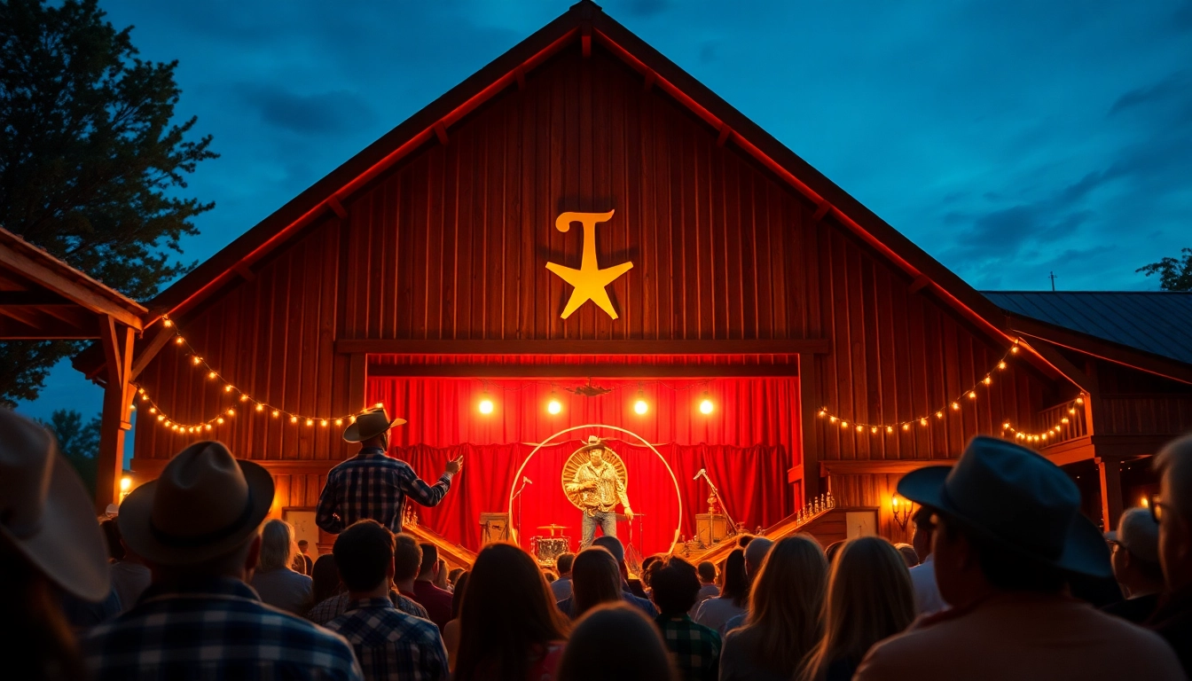 Captivating firelight barn photos showing performers entertaining guests in a lively western theater setup.