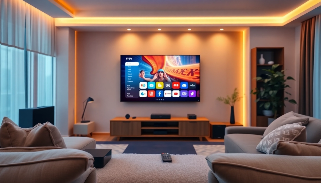 Comprar IPTV en un hogar moderno con dispositivos de streaming y televisión cómoda.