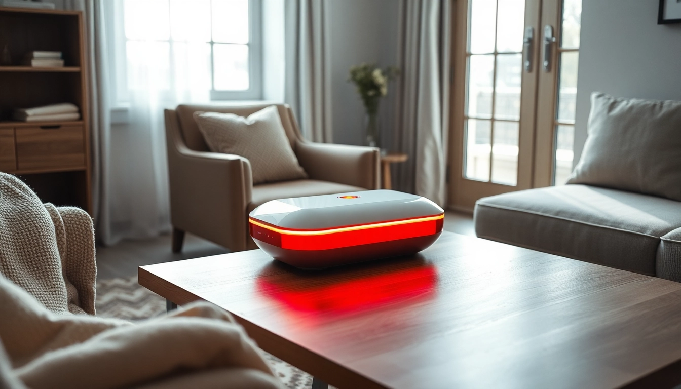 Experience quasar red lighttherapy with a sleek device in a serene, inviting setting.