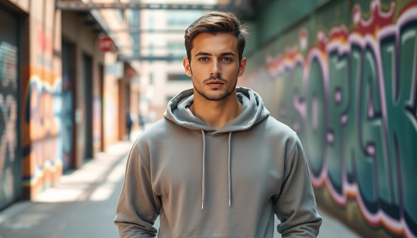 Model showcasing high quality blank hoodies in an urban environment.