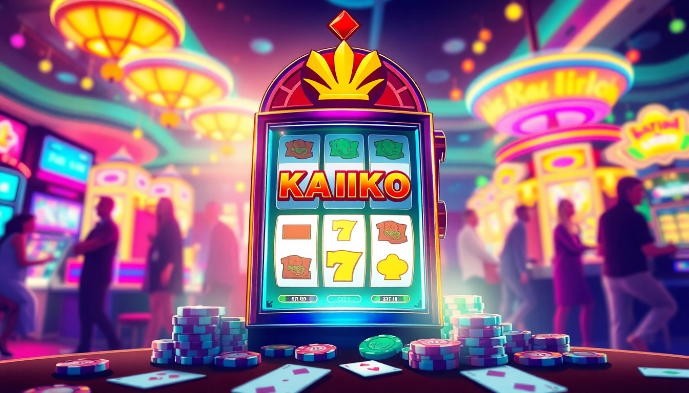 Main kaiko slot machine lighted amidst excitement of casino atmosphere.