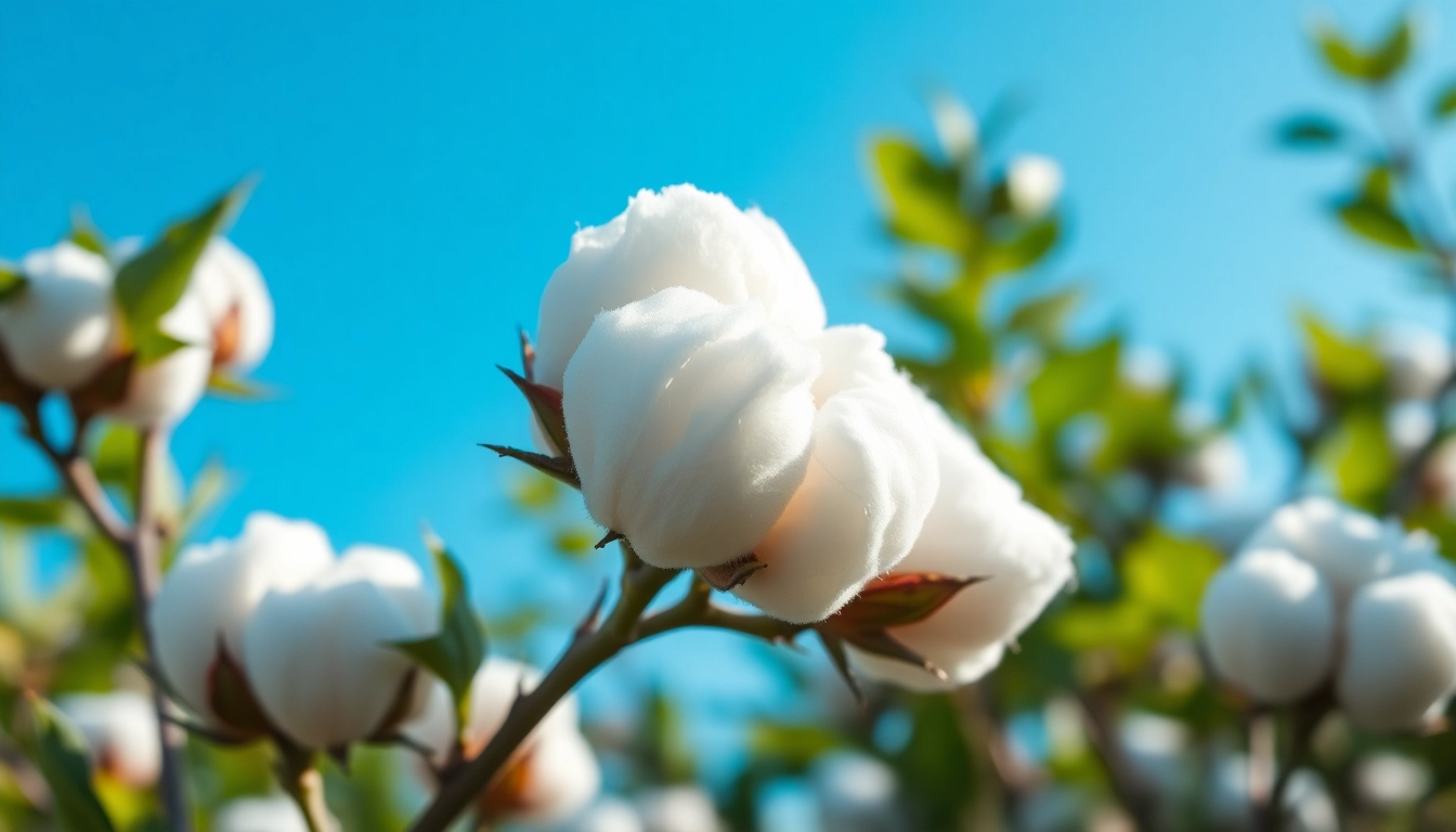 Katoen plant met vloeiende wolken van katoenbolletjes op een zonnige dag.