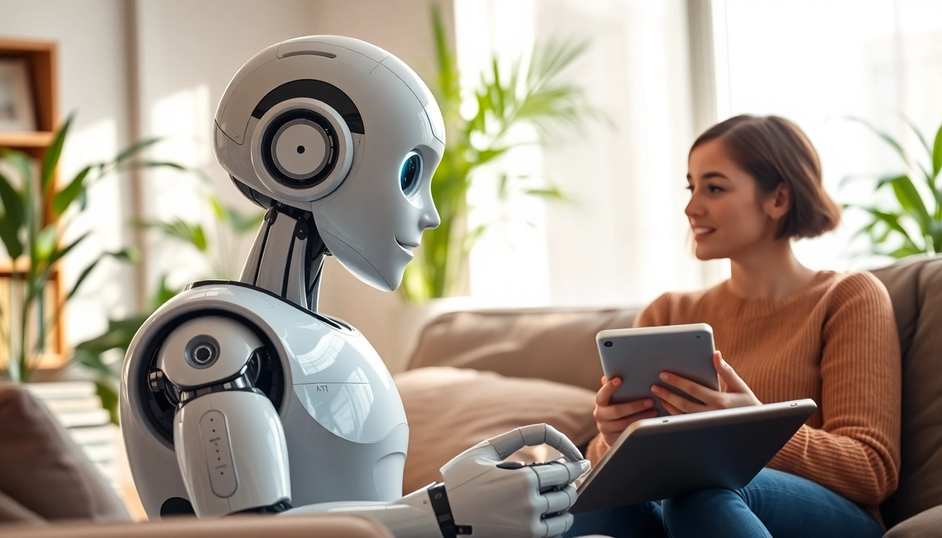 Engage with AI companion unlimited in a warm, futuristic living room conversation.