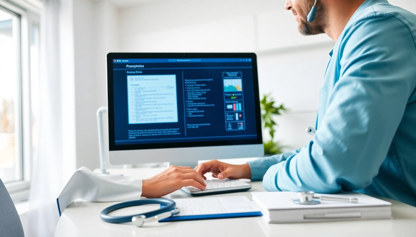 Showcasing top eprescribing solutions utilized by a healthcare professional in an office setting.