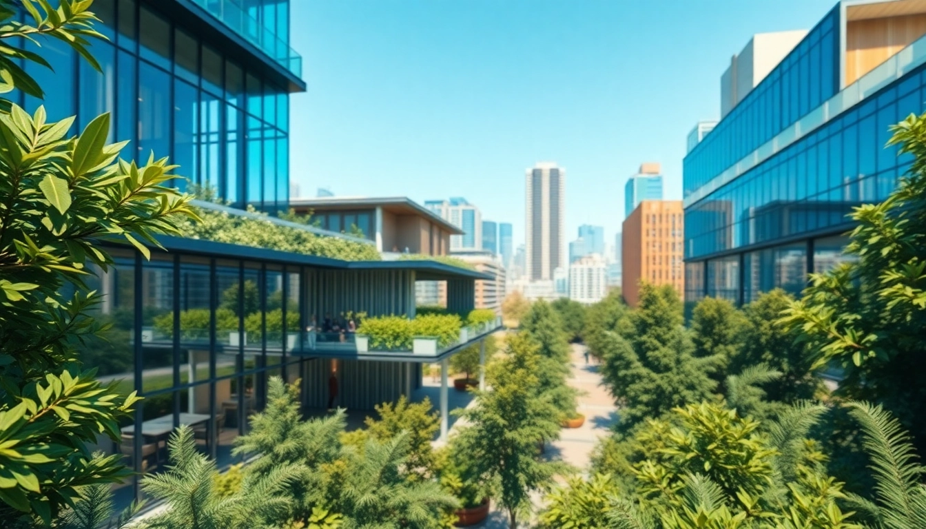 Visualisierung Architektur eines modernen Gebäudes, umgeben von grüner Landschaft und urbanem Hintergrund.