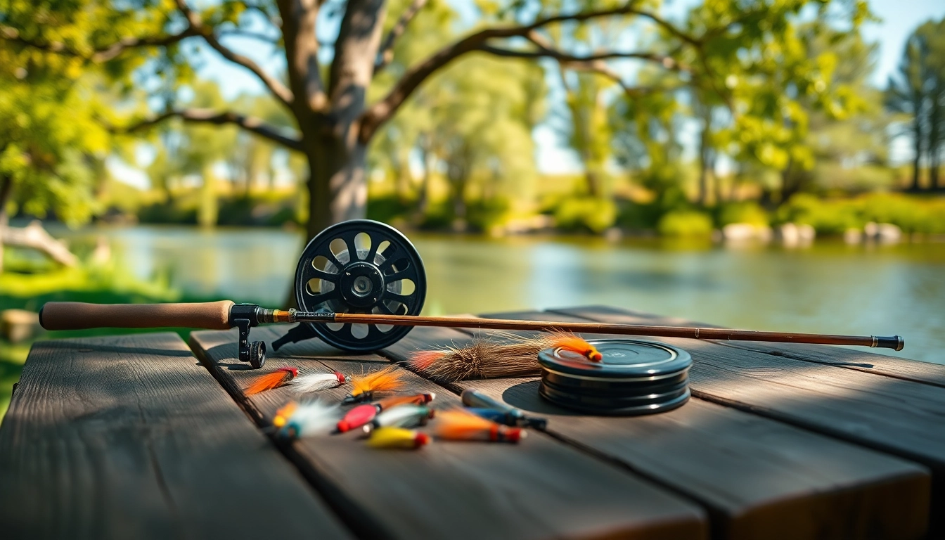Engage with a versatile fly fishing kit set against a tranquil river backdrop.