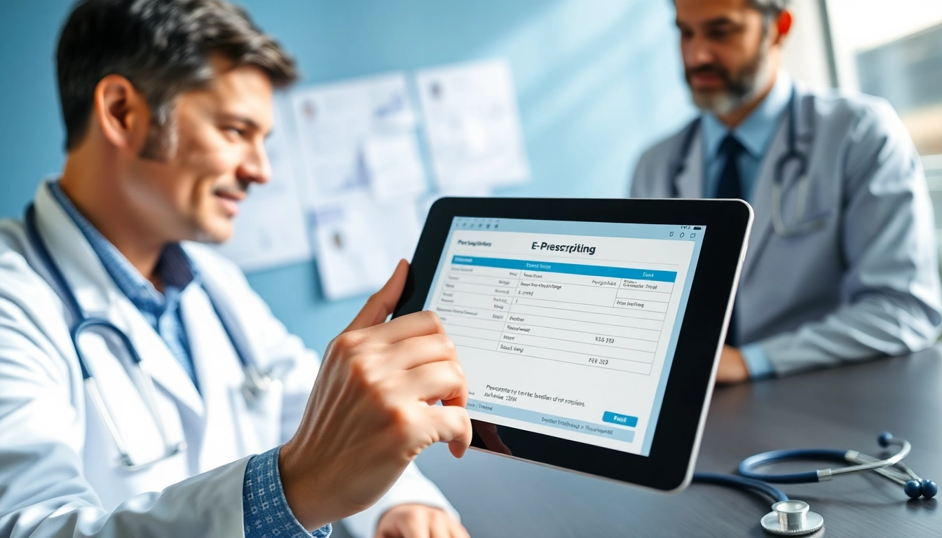 Engaged doctor demonstrates eprescribing software for small practices on a tablet to a patient in a clinic.