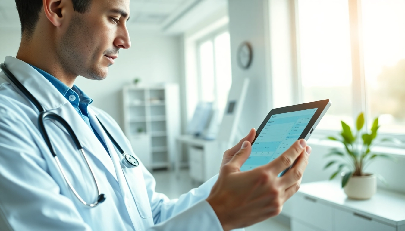 Engaging healthcare provider using eprescribing software for small practices in a modern clinic setting.