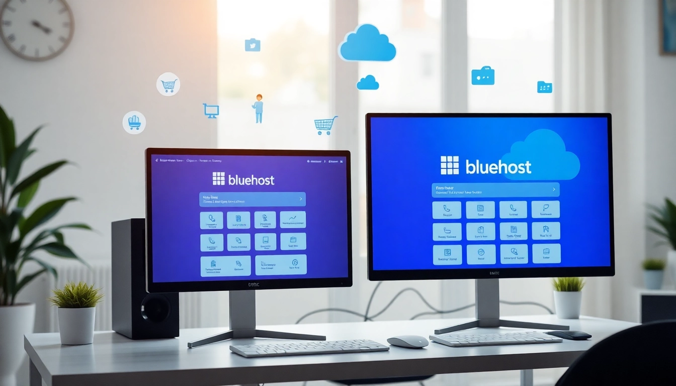Showcase of a professional web hosting workspace with Bluehost interface displayed on monitors.