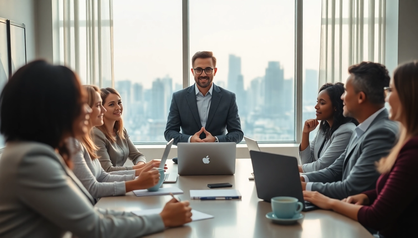 Engaging business coaching service session with a focused group in a modern office.